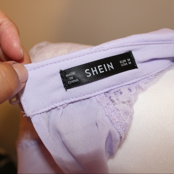 SheIn Lilac Lace Sleeve Button-Collar Top - Picture 5 of 6